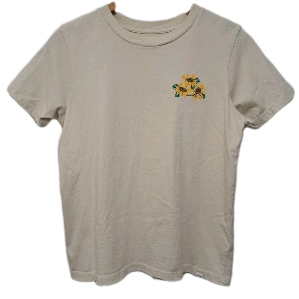 O'Neill Cropped T Shirt Womens XS Tan 100% Cotton Sunflower Graphic Short Sleeve